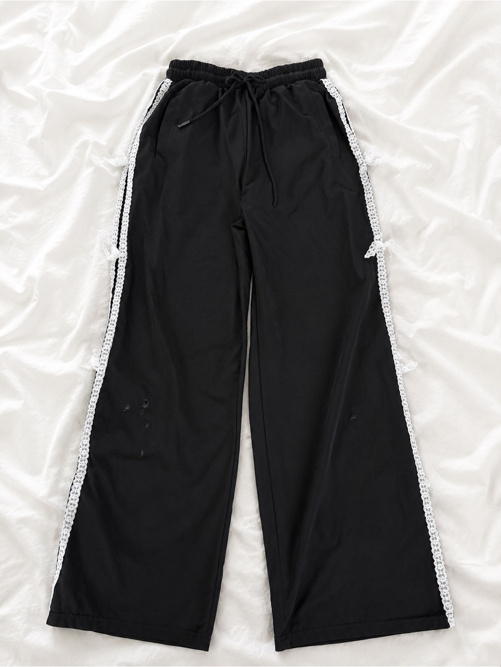 Black Wide-Leg Pants with White Lace Side Trim